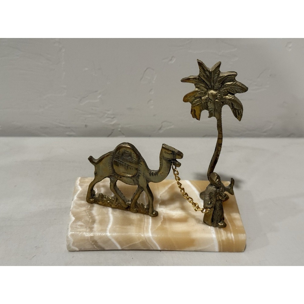 Vtg 70s Solid Brass Camel Palm Tree Onyx Marble Base Oasis Desert Sculpture MCM